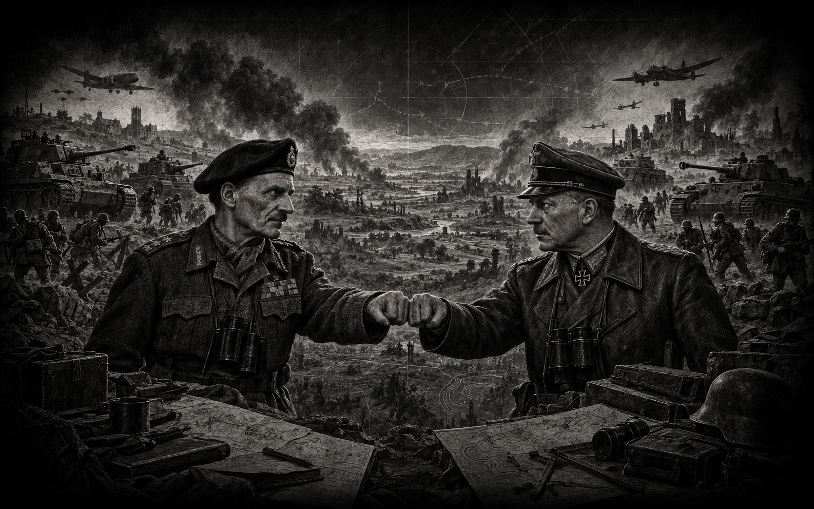 Graphite and charcoal illustration of World War Two generals Bernard Montgomery and Heinz Guderian touching fists, with British and German forces behind them.